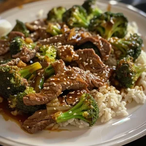 Side view of a colorful Chinese Beef and Broccoli dish highlighting the contrast between beef and broccoli.