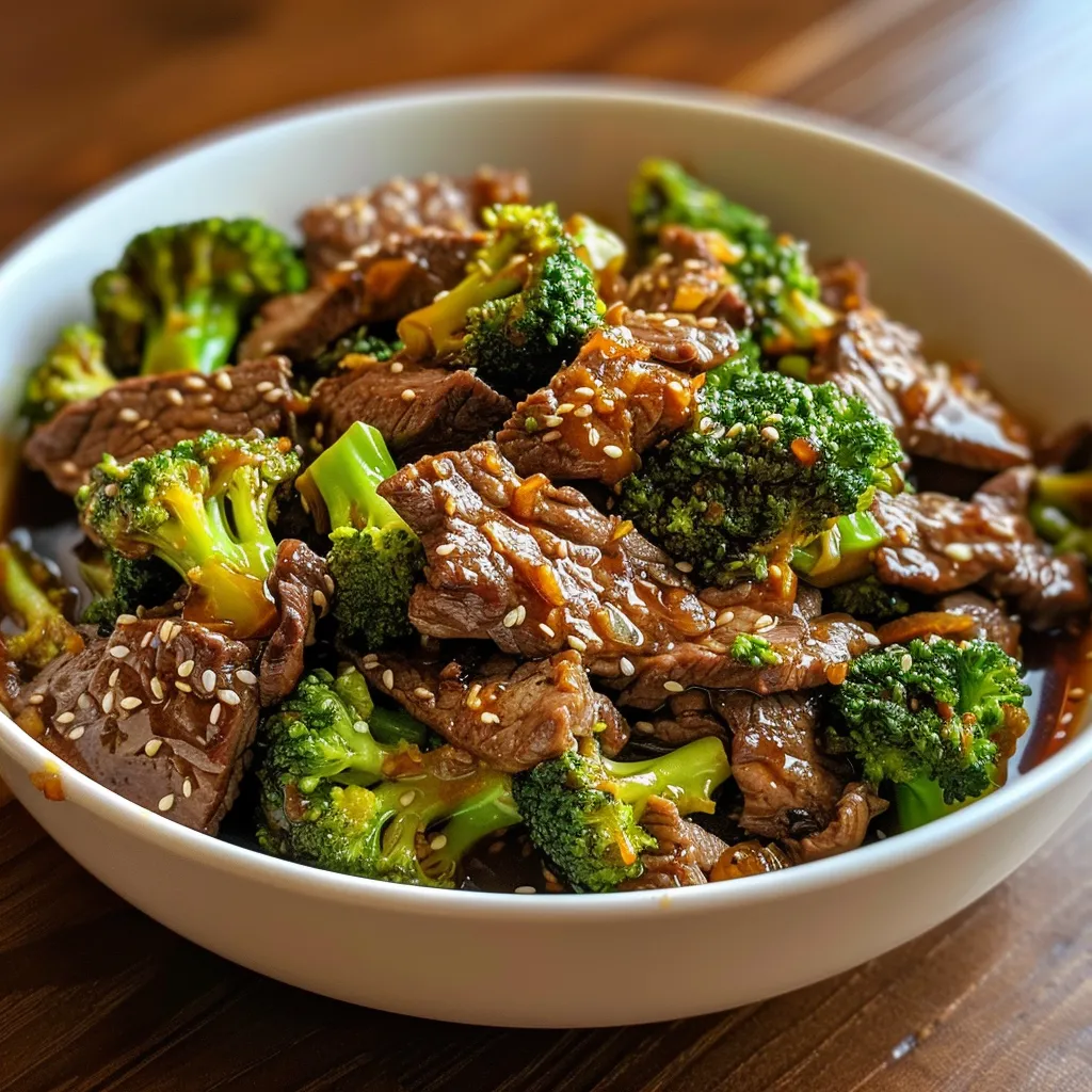 Detailed shot of Beef and Broccoli, emphasizing the rich sauce and garnished with garlic and ginger.