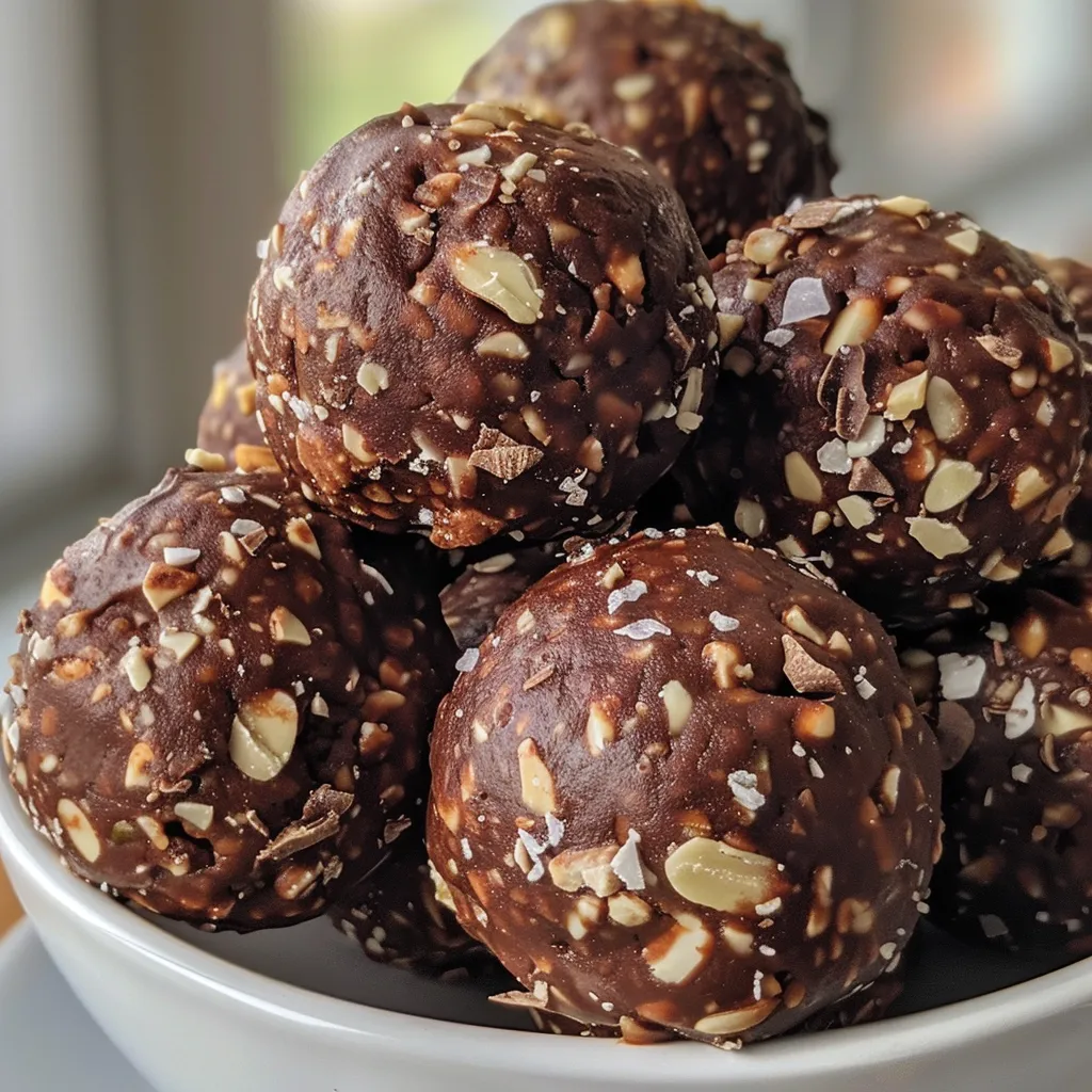 Detailed shot of no-bake chocolate almond balls, glistening with dark chocolate and sprinkled with salt.
