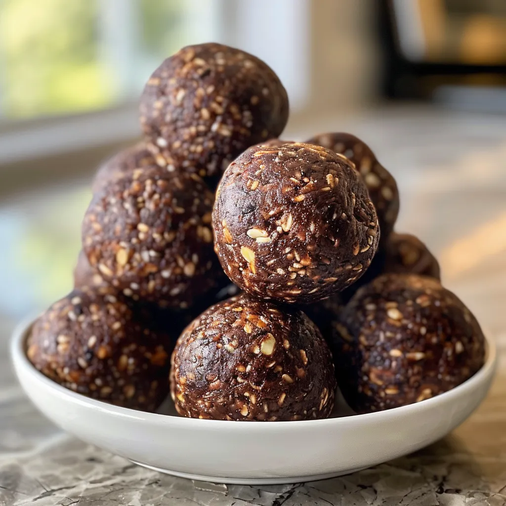 A collection of chocolate date energy balls arranged on a plate, showcasing their rich color.