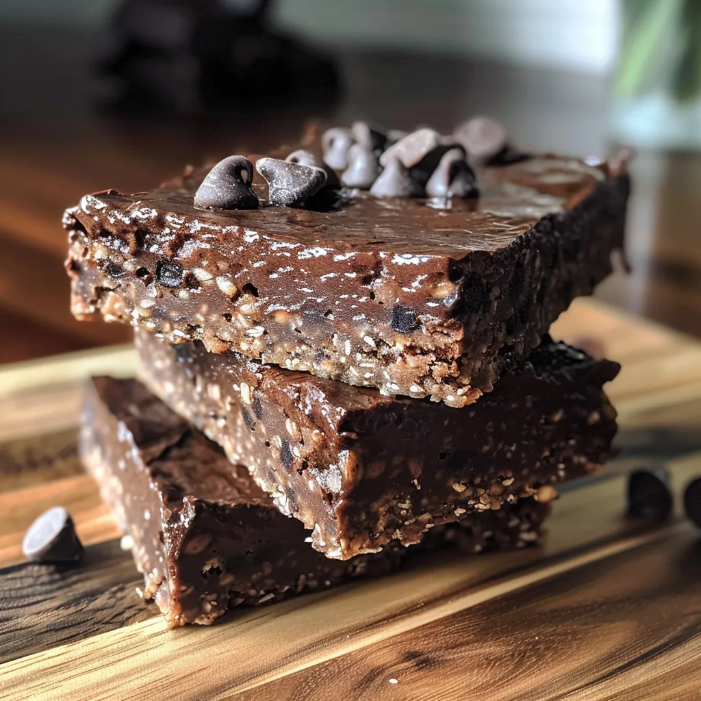 A delicious chocolate workout bar highlighting its rich color and ingredients, shot from the side.