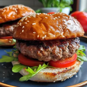 Close-up of a perfectly grilled beef burger with vivid colors and textures.