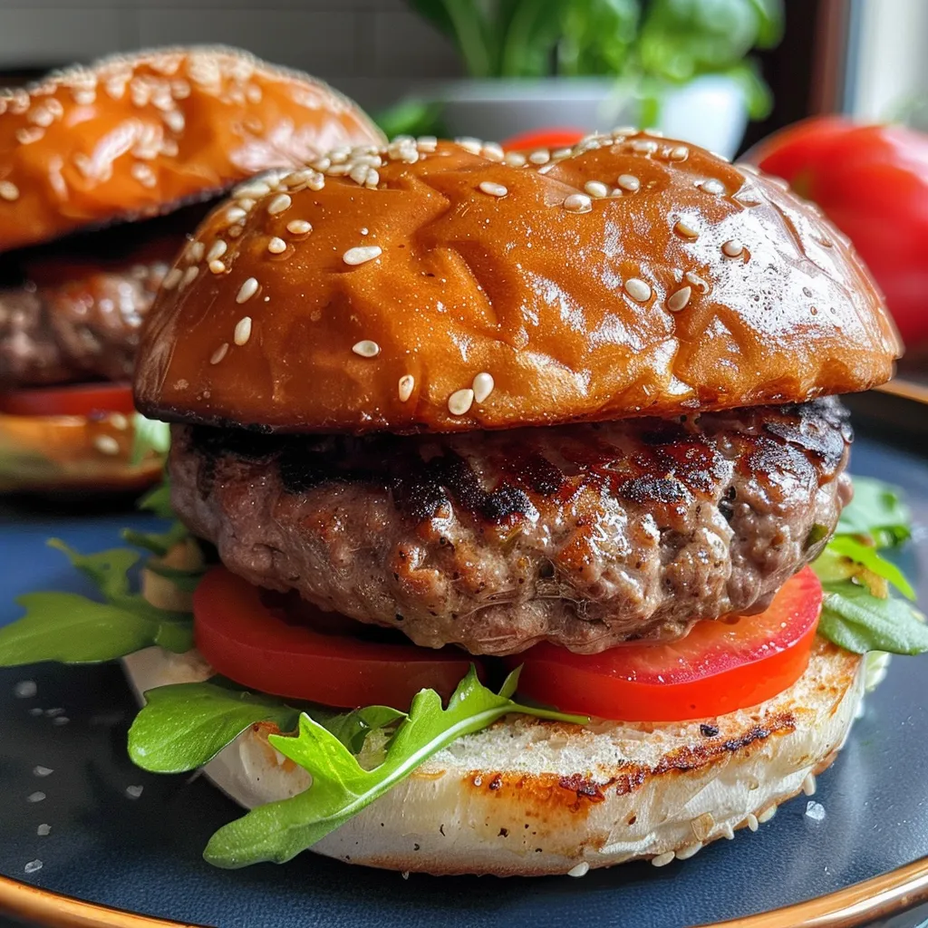 Close-up of a perfectly grilled beef burger with vivid colors and textures.