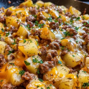 Side angle of a Cowboy Beef & Potato Skillet featuring golden potatoes and juicy ground beef, garnished with parsley.