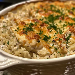 Juicy chicken and rice casserole served in a baking dish, showcasing creamy texture.