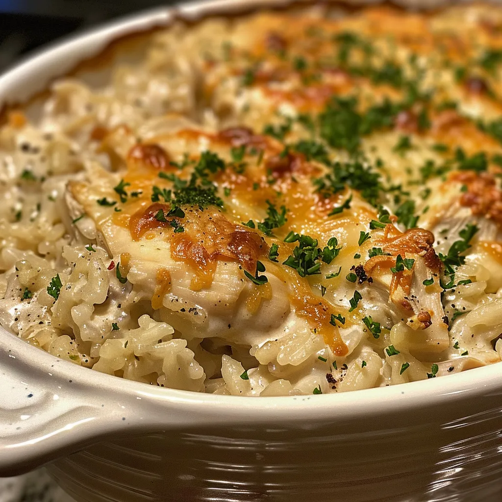 Juicy chicken and rice casserole served in a baking dish, showcasing creamy texture.