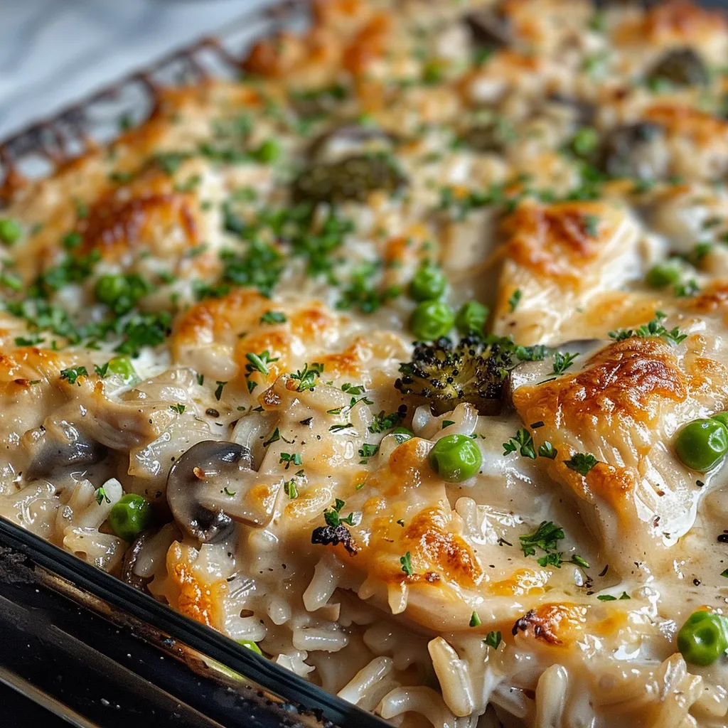 Tasty chicken and rice casserole with a golden cheese crust and vibrant vegetables.