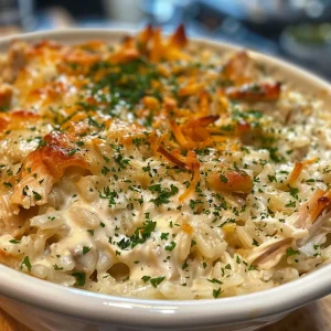 Deliciously baked chicken and rice casserole with a rich cream topping, served warm.