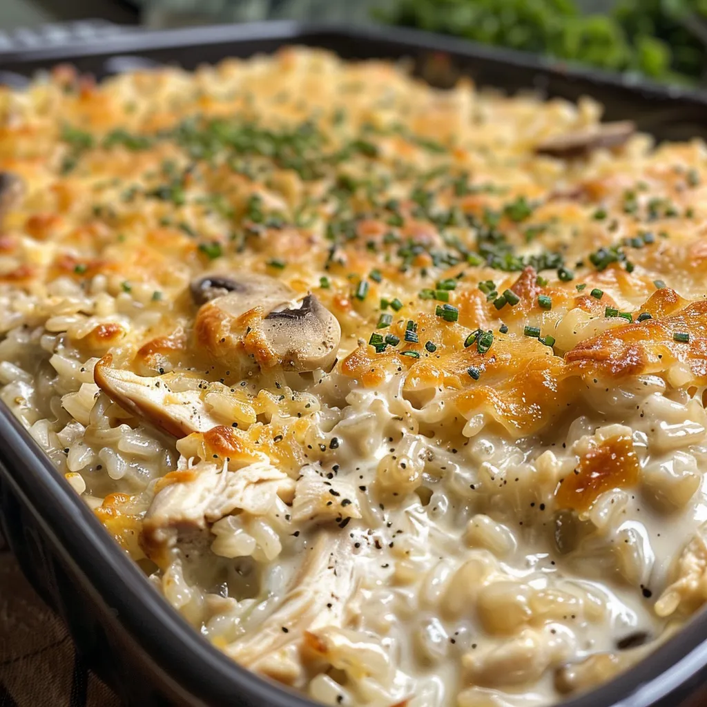 Savory chicken and rice casserole filled with creamy textures and juicy pieces of chicken.