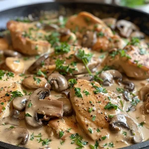 Side view of a delicious creamy chicken mushroom recipe.