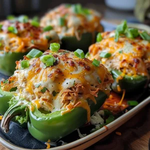 Juicy stuffed peppers filled with shredded chicken, cream cheese, and spices, ready to be served.