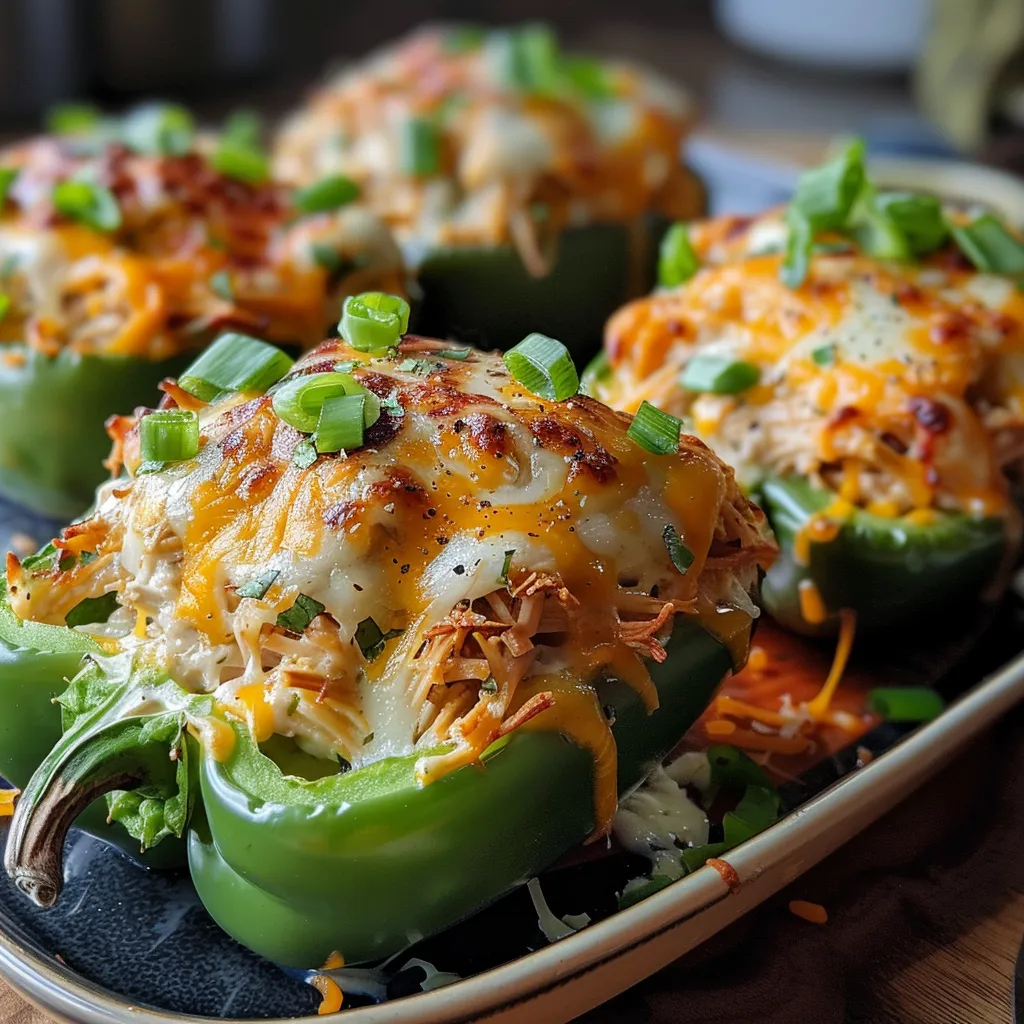 Juicy stuffed peppers filled with shredded chicken, cream cheese, and spices, ready to be served.