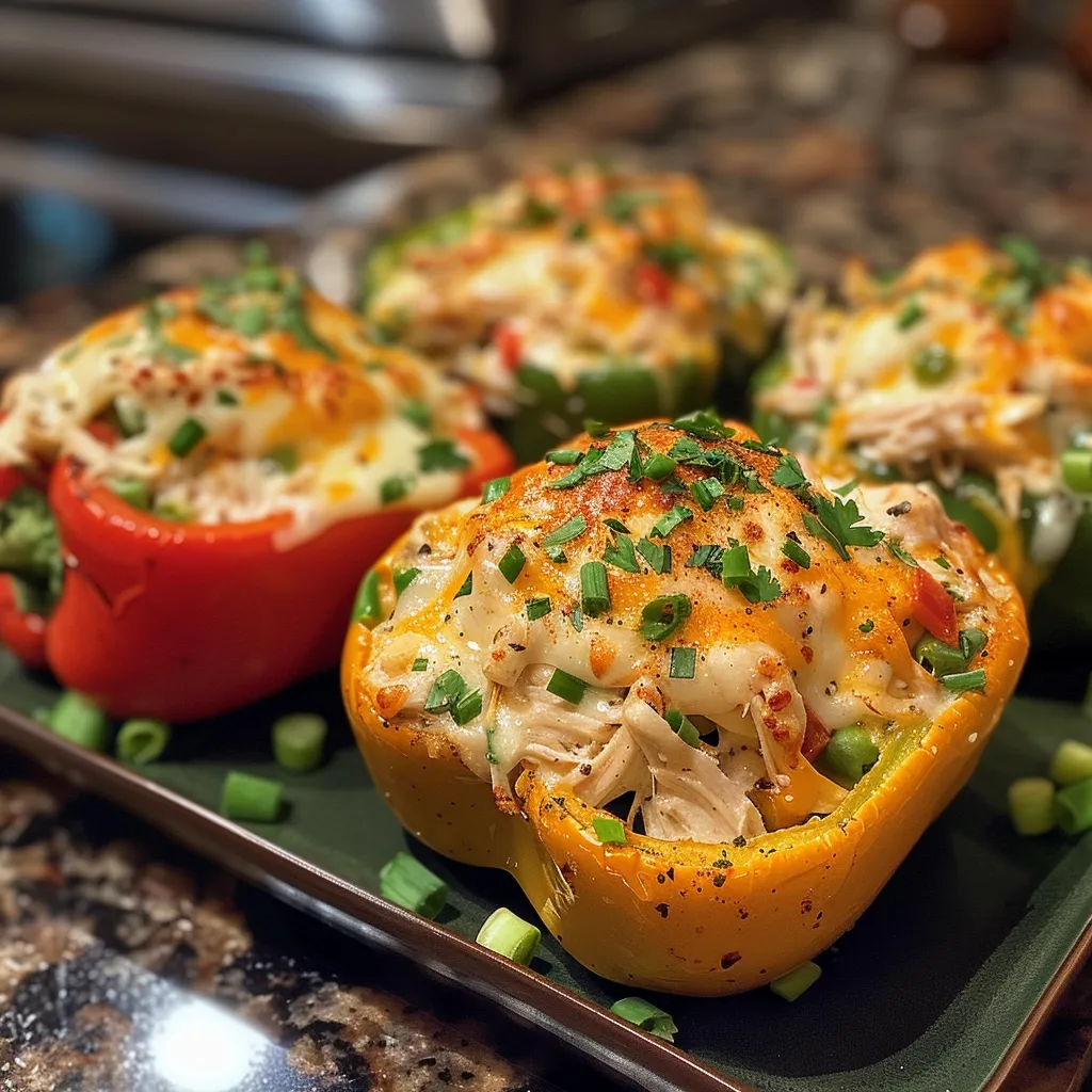 A vibrant dish of baked stuffed peppers with a creamy filling, garnished with scallions.