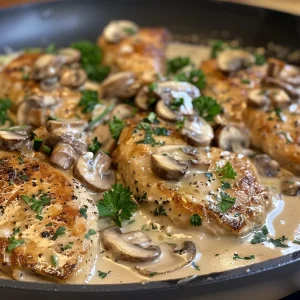 Side view of a dish featuring chicken in creamy mushroom sauce, with herbs sprinkled on top.