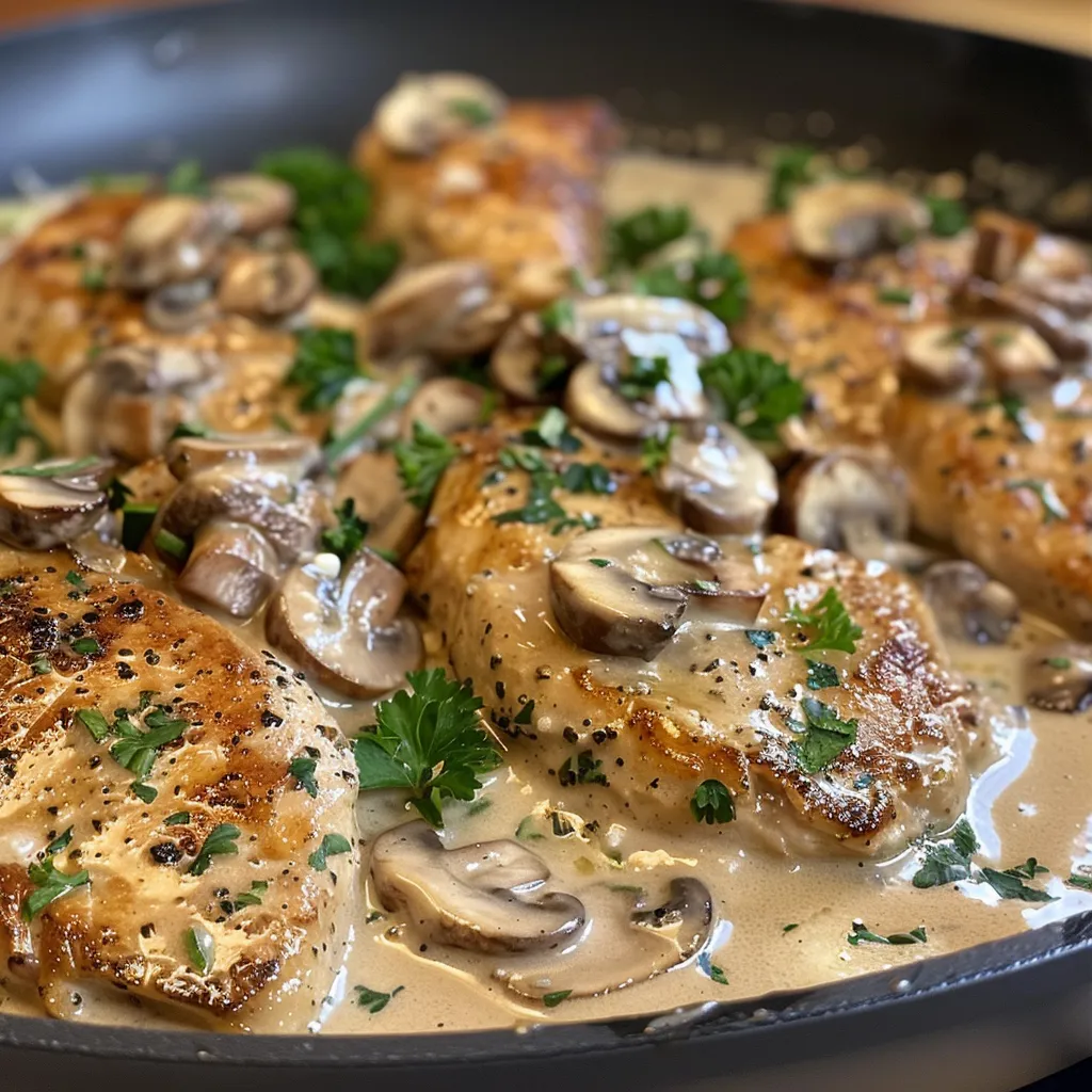 Side view of a dish featuring chicken in creamy mushroom sauce, with herbs sprinkled on top.