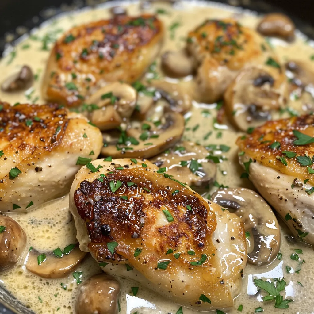 Chicken breast coated in thick, creamy garlic mushroom sauce, displayed elegantly.