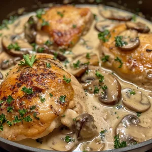 Side view of tender chicken drizzled with a rich mushroom cream sauce.