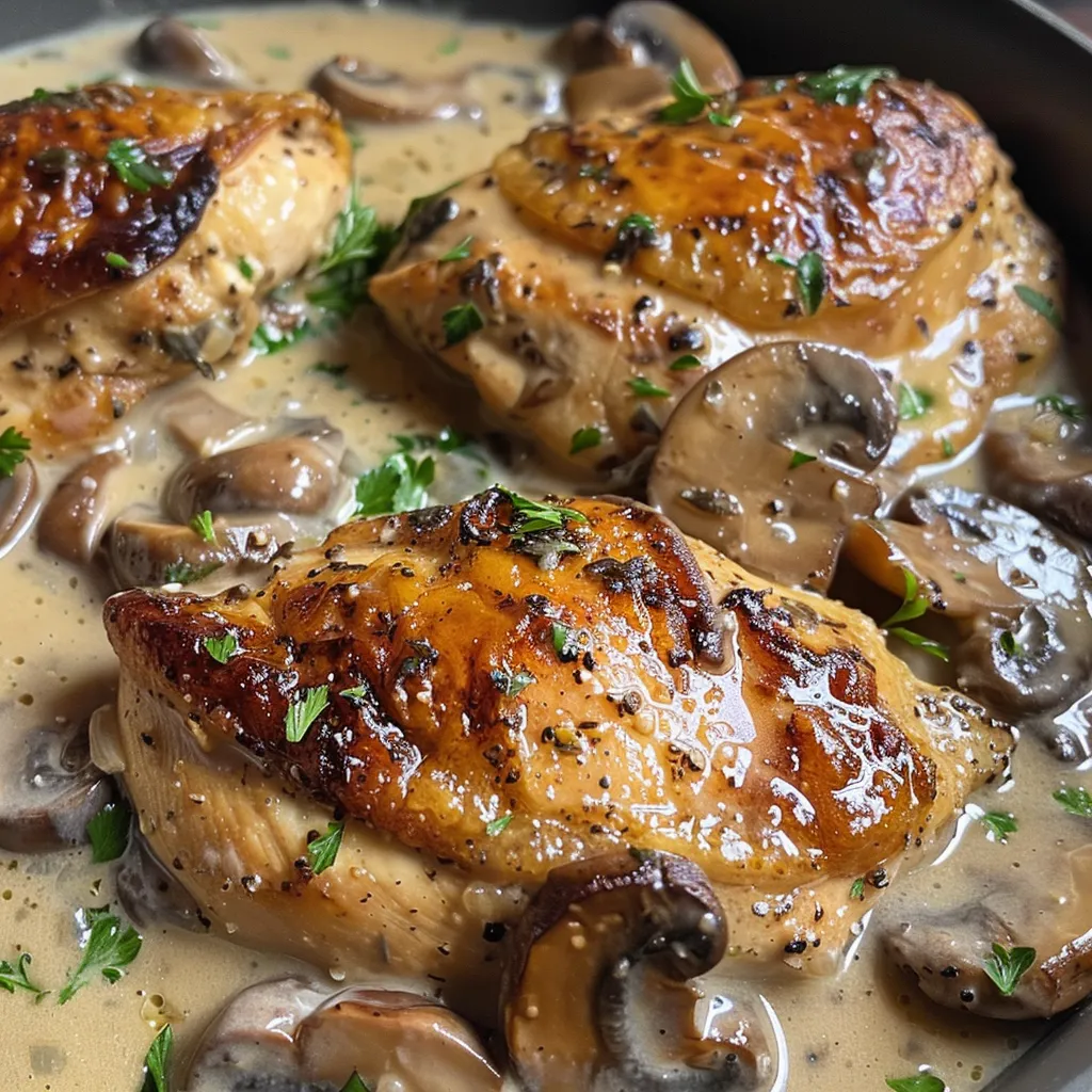 Plate of Creamy Mushroom Chicken showcasing tender meat and sauce.