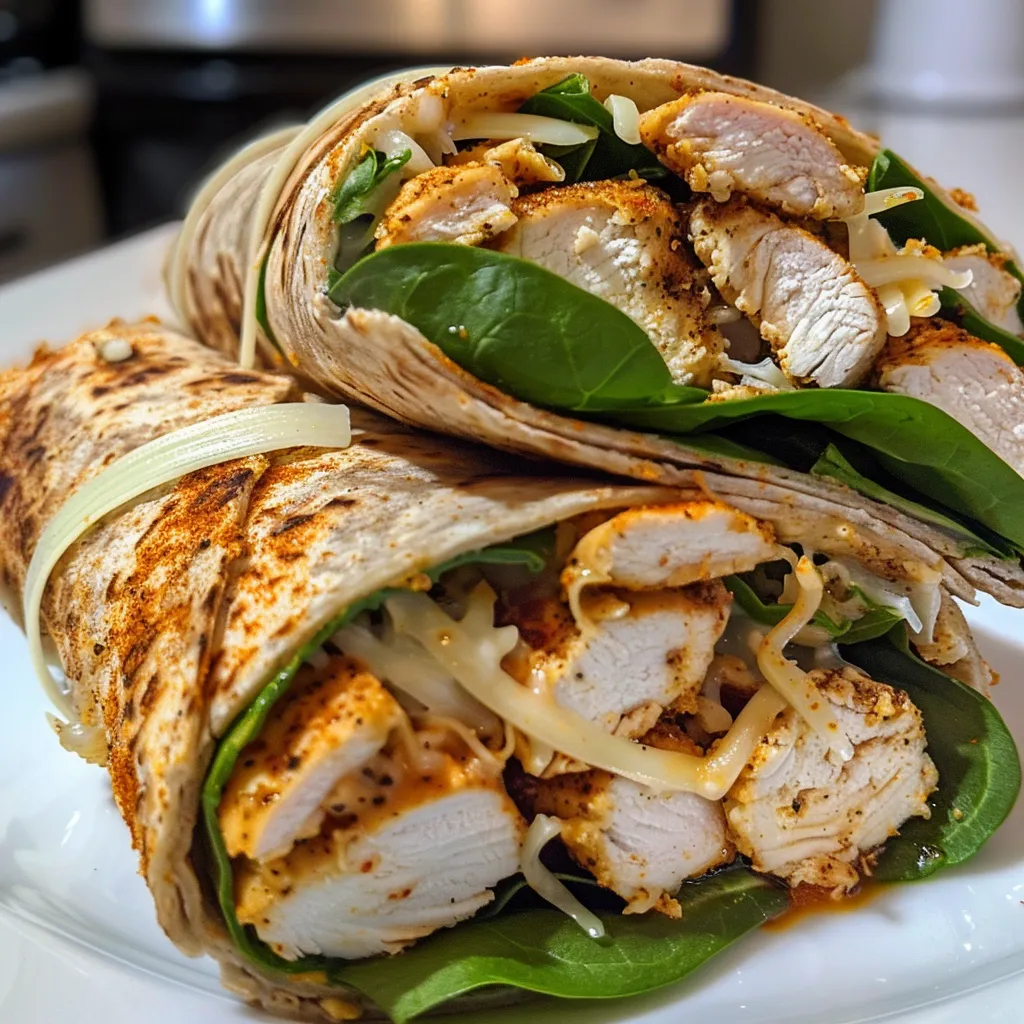 Air fryer chicken wraps with a crispy exterior and vibrant green spinach peeking out.