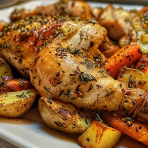 Side view of golden-brown chicken thighs with vibrant vegetables on a plate.