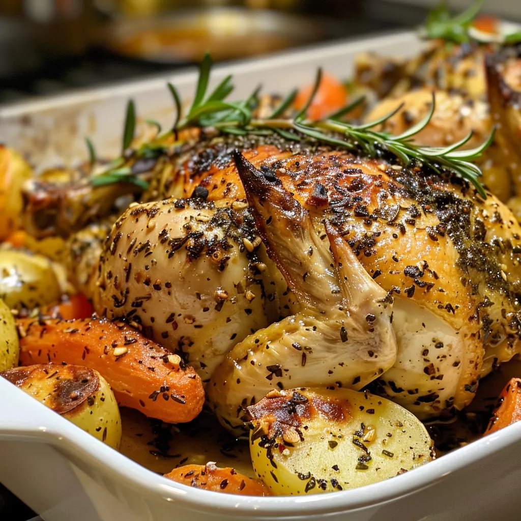 Appetizing crispy chicken thighs served with colorful roasted potatoes and carrots.