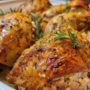 Side view of succulent roasted chicken thighs with garlic and herbs.