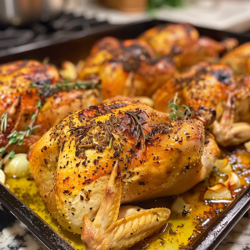 Appetizing roasted chicken thighs displaying crispy skin and herb seasoning.