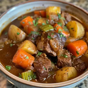 A rich and aromatic beef stew shown from the side, featuring tender beef pieces and vibrant vegetables.