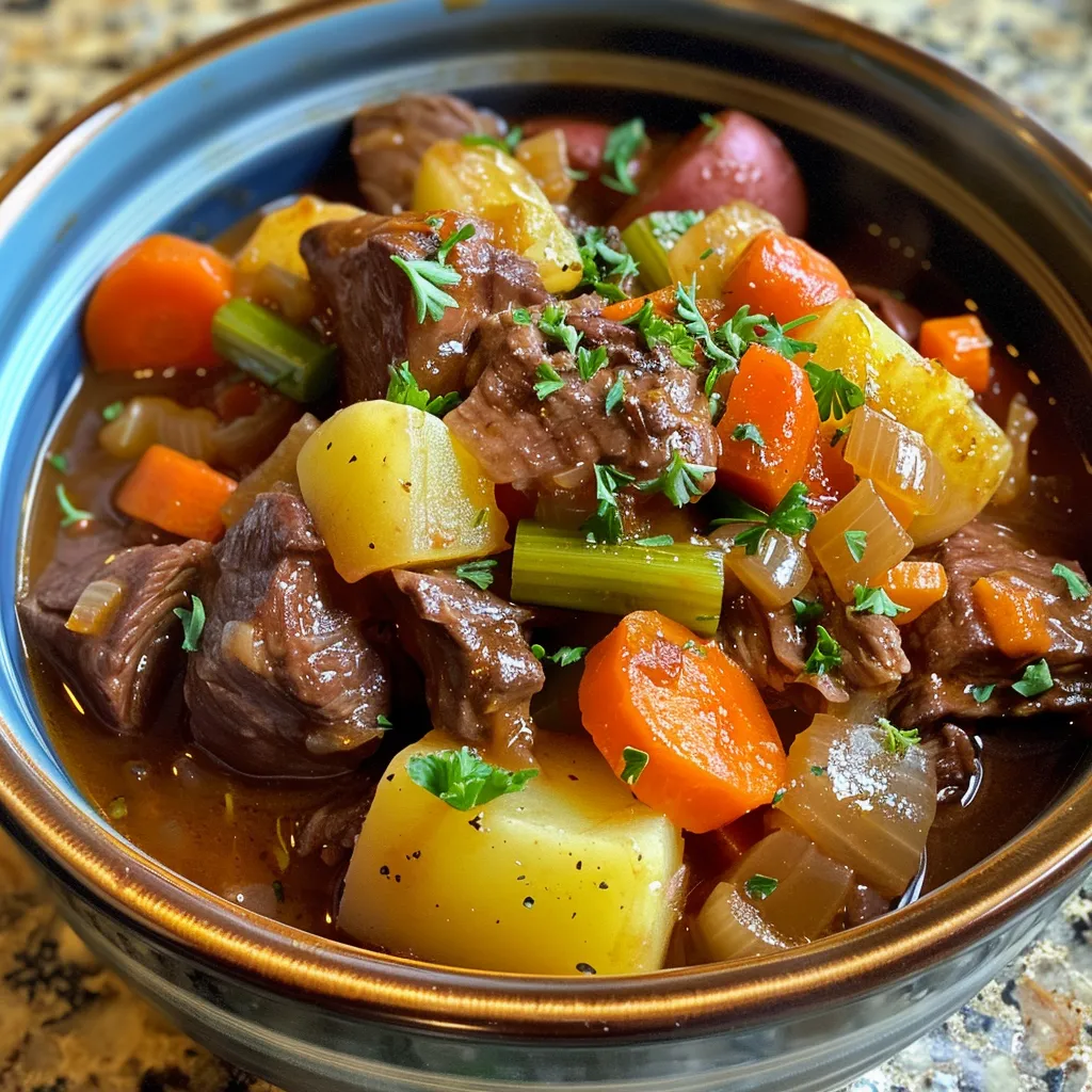 Detailed view of a hearty Crockpot beef stew, showcasing its glossy broth and healthy ingredients.