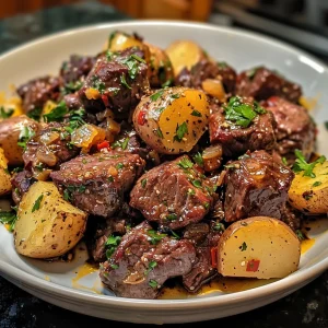 Deliciously glistening beef bites and potatoes, showcasing a savory garlic and herb mixture.