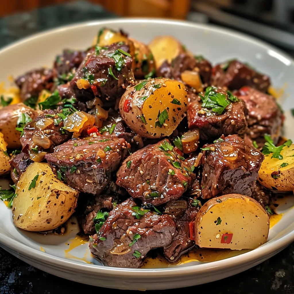 Deliciously glistening beef bites and potatoes, showcasing a savory garlic and herb mixture.