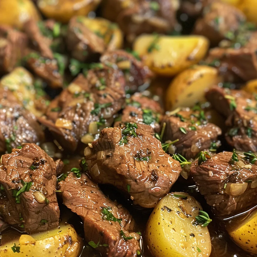 A hearty serving of garlic butter beef and potatoes, highlighting their juicy texture.