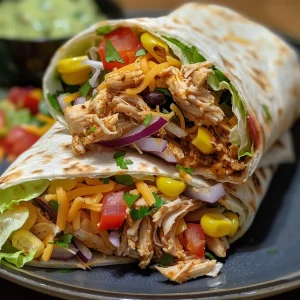 Juicy Southwestern Chicken Wrap with vibrant layers of lettuce, tomatoes, and beans.