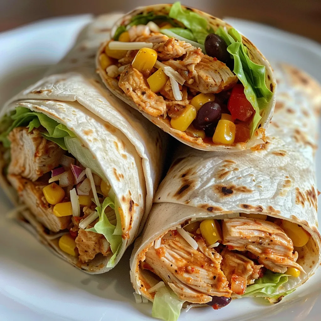 A Crunchy Chicken Wrap featuring shredded chicken, cheese, and salsa in a flour tortilla.