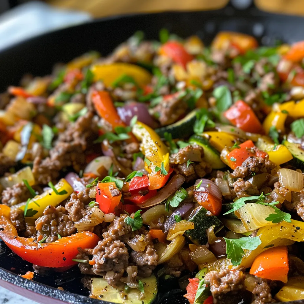 A side view of cooked beef and vegetables garnished with fresh parsley.