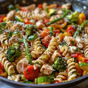 Juicy chicken and pasta primavera with broccoli, bell peppers, and zucchini.