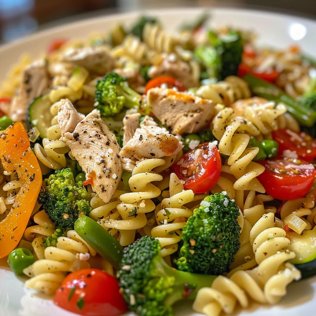 Appetizing plate of pasta primavera topped with grated Parmesan and herbs.