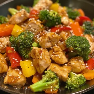 A vibrant stir fry featuring diced chicken and assorted vegetables, served in a bowl.
