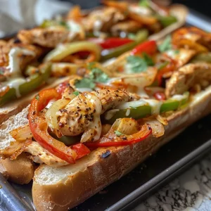 Juicy Fajita Chicken Stuffed Garlic Bread with vibrant peppers and a crispy exterior, ready to be enjoyed.