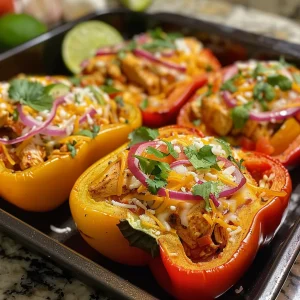 Juicy Fajita Chicken Stuffed Peppers garnished with cilantro and lime slices.