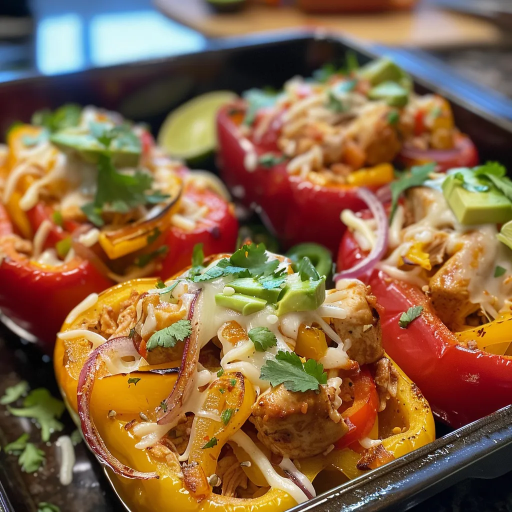 Delicious stuffed peppers with diced chicken, onions, and spices, presented attractively.