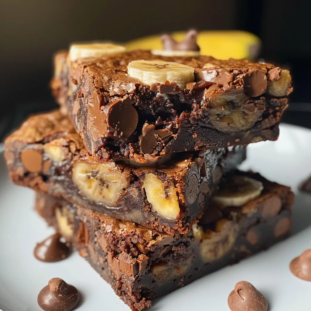Close-up of Flourless Banana Brownies featuring vibrant yellow banana flecks in a rich brown base.