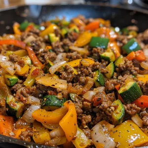 Juicy beef and mixed veggies in a skillet, showcasing vibrant colors and textures.