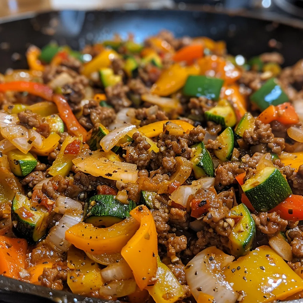 Juicy beef and mixed veggies in a skillet, showcasing vibrant colors and textures.