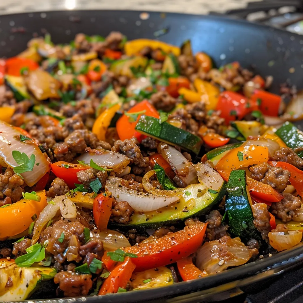 A hearty Fridge Clean-Out Veggie Beef Skillet with ground beef and assorted vegetables.