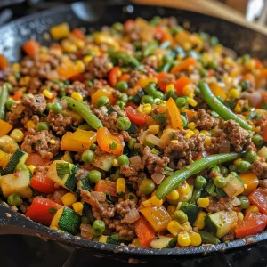 A deliciously prepared Garden Vegetable Beef Skillet showcasing mixed bell peppers, zucchini, and lean ground beef, captured in detail.