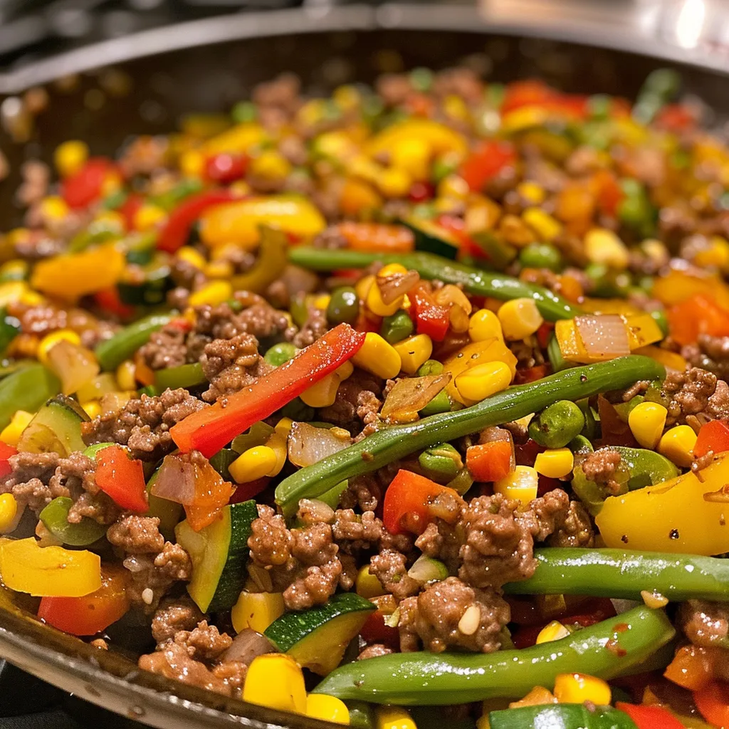 A hearty Garden Vegetable Beef Skillet with visible ingredients like zucchini, bell peppers, and ground beef, arranged beautifully.