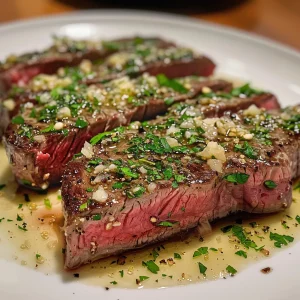 Succulent ribeye steak served with a rich garlic butter and Parmesan sauce, ready to eat.