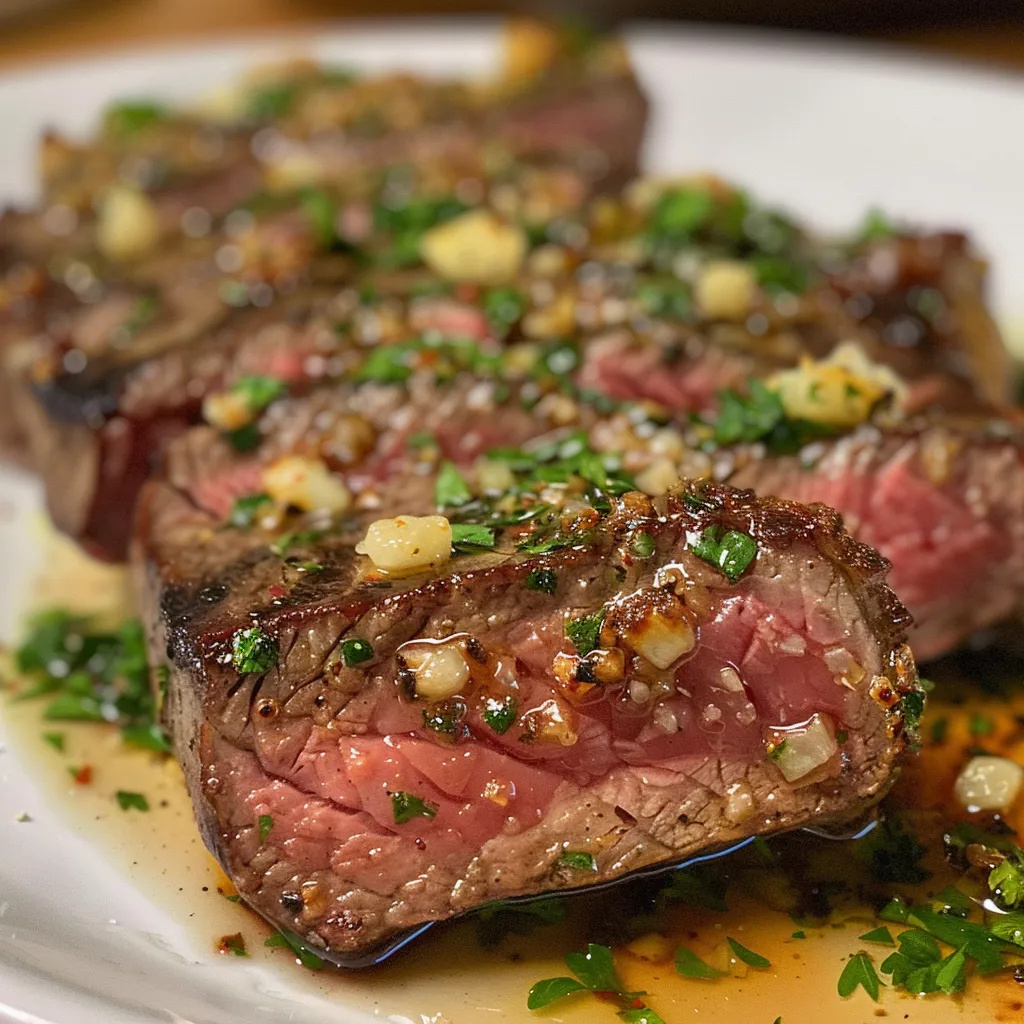 Tasty garlic butter steak with a creamy cheese sauce, showcasing its flavors and textures.