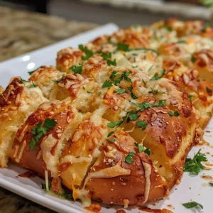 Juicy garlic and cheese pull-apart bread with a golden crust, captured from a side angle.